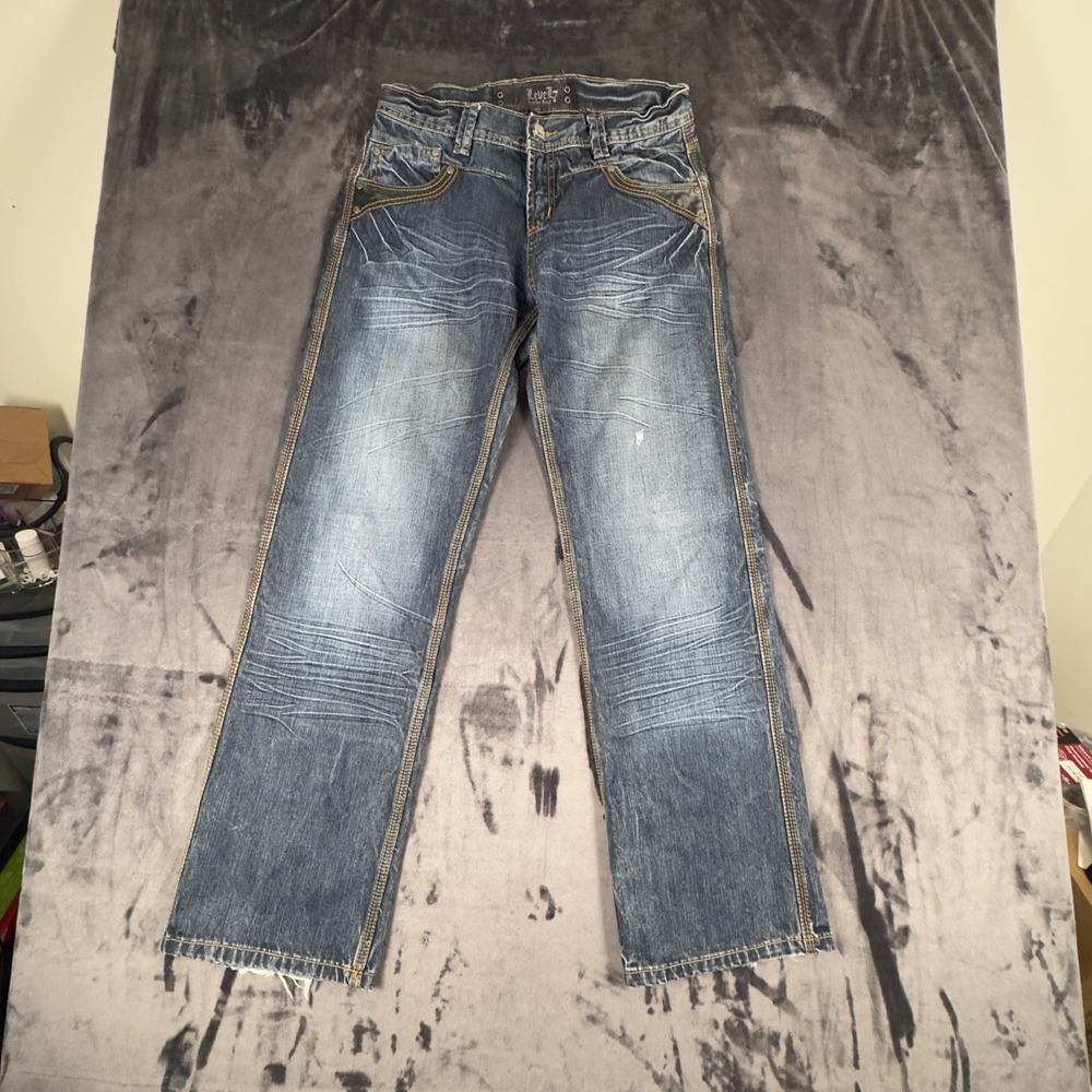 Level 7 Jeans Mens 34 Blue Straight Leg Whiskered Embroidered Y2K Denim